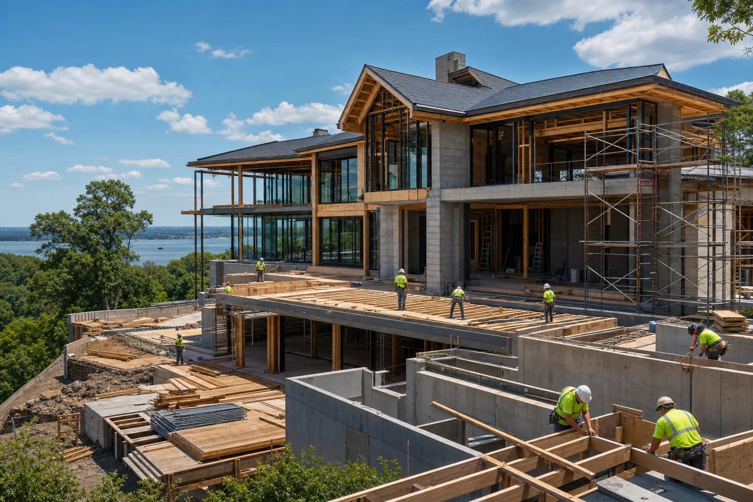 Professional construction crew executing a Custom Homes on a complex luxury site in Mount Vernon, Virginia