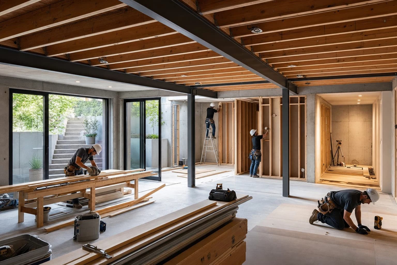Professional construction crew executing a Basement Renovations on a complex luxury site in North Arlington, Virginia