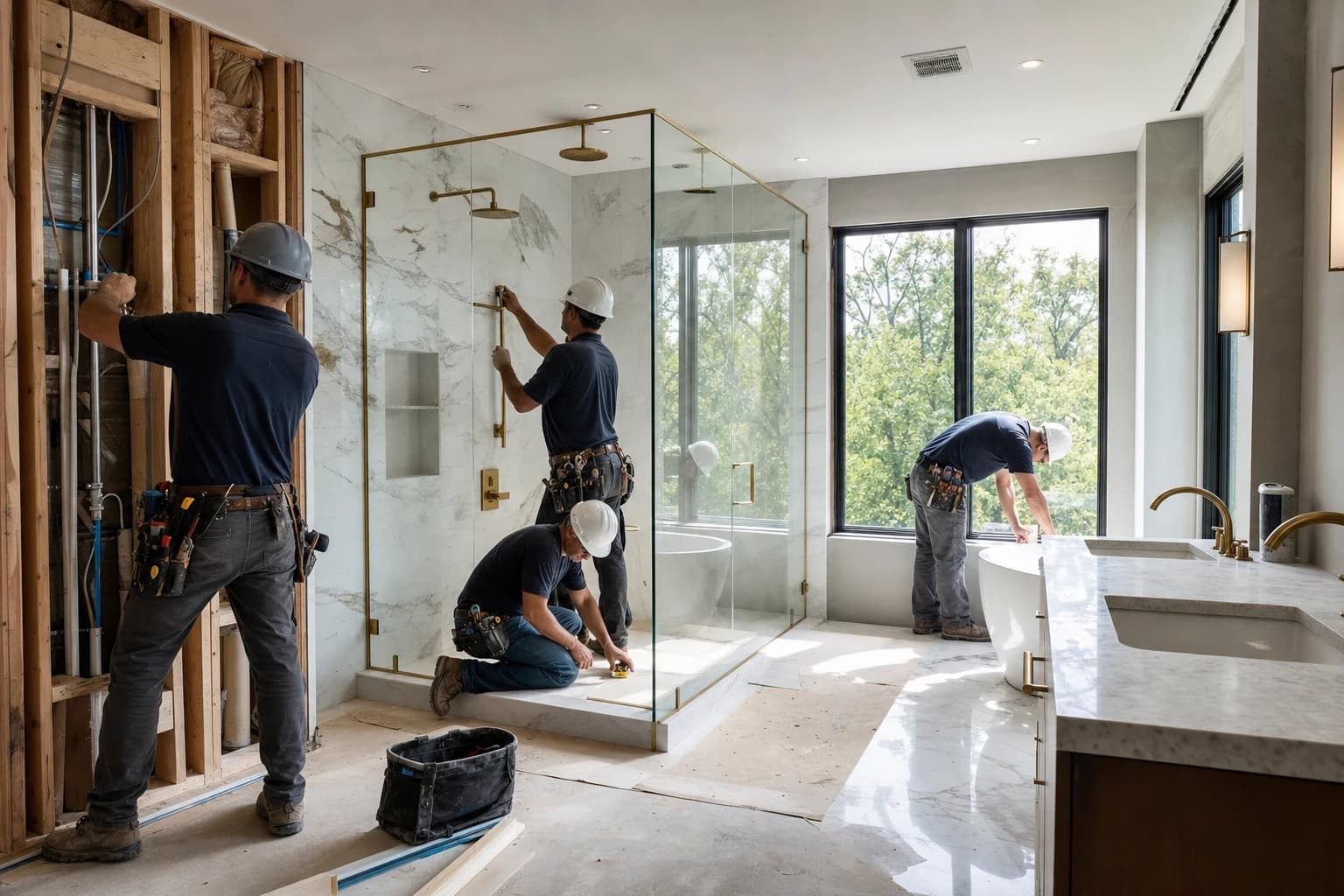 Professional construction crew executing a Bathroom Remodeling on a complex luxury site in North Arlington, Virginia