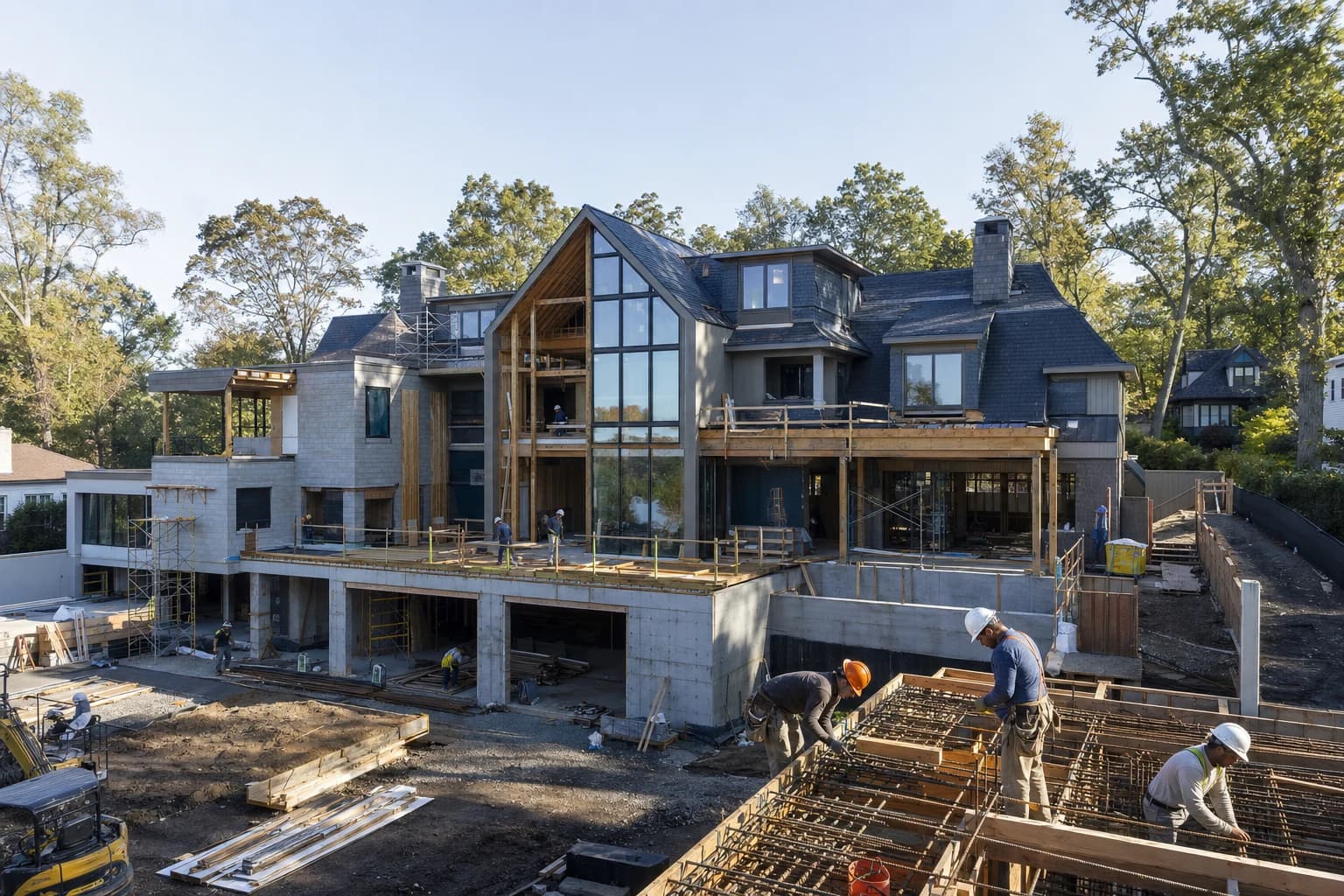 Professional construction crew executing a Custom Homes on a complex luxury site in North Arlington, Virginia