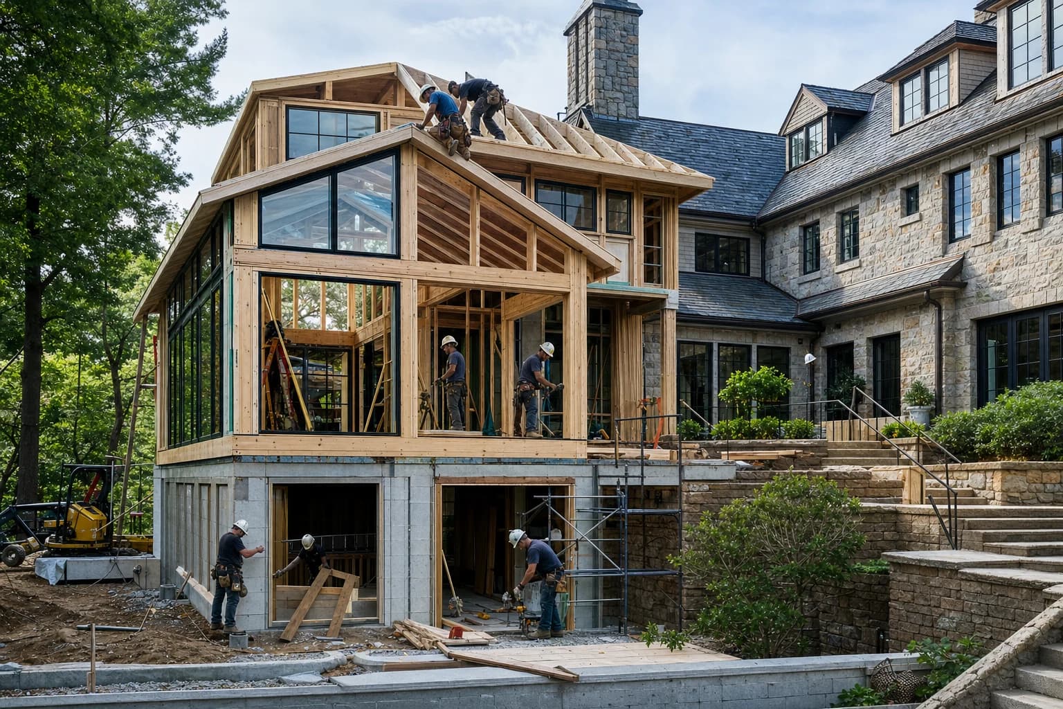 Professional construction crew executing a Home Additions on a complex luxury site in North Arlington, Virginia