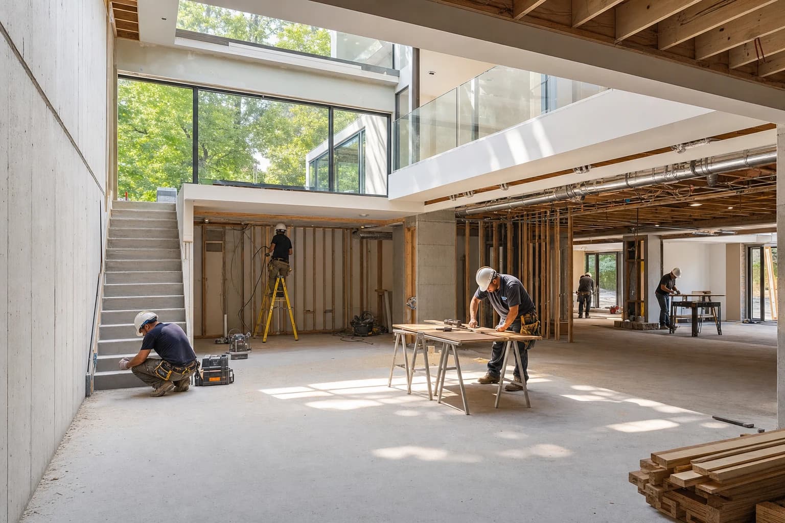 Professional construction crew executing a Basement Renovations on a complex luxury site in Oakton, Virginia
