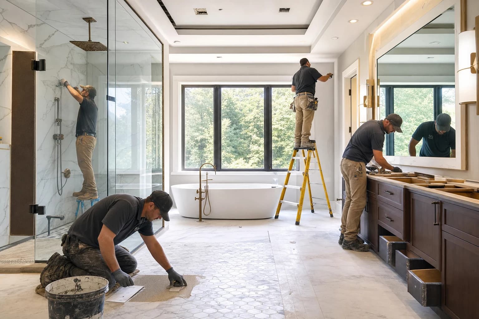 Professional construction crew executing a Bathroom Remodeling on a complex luxury site in Oakton, Virginia