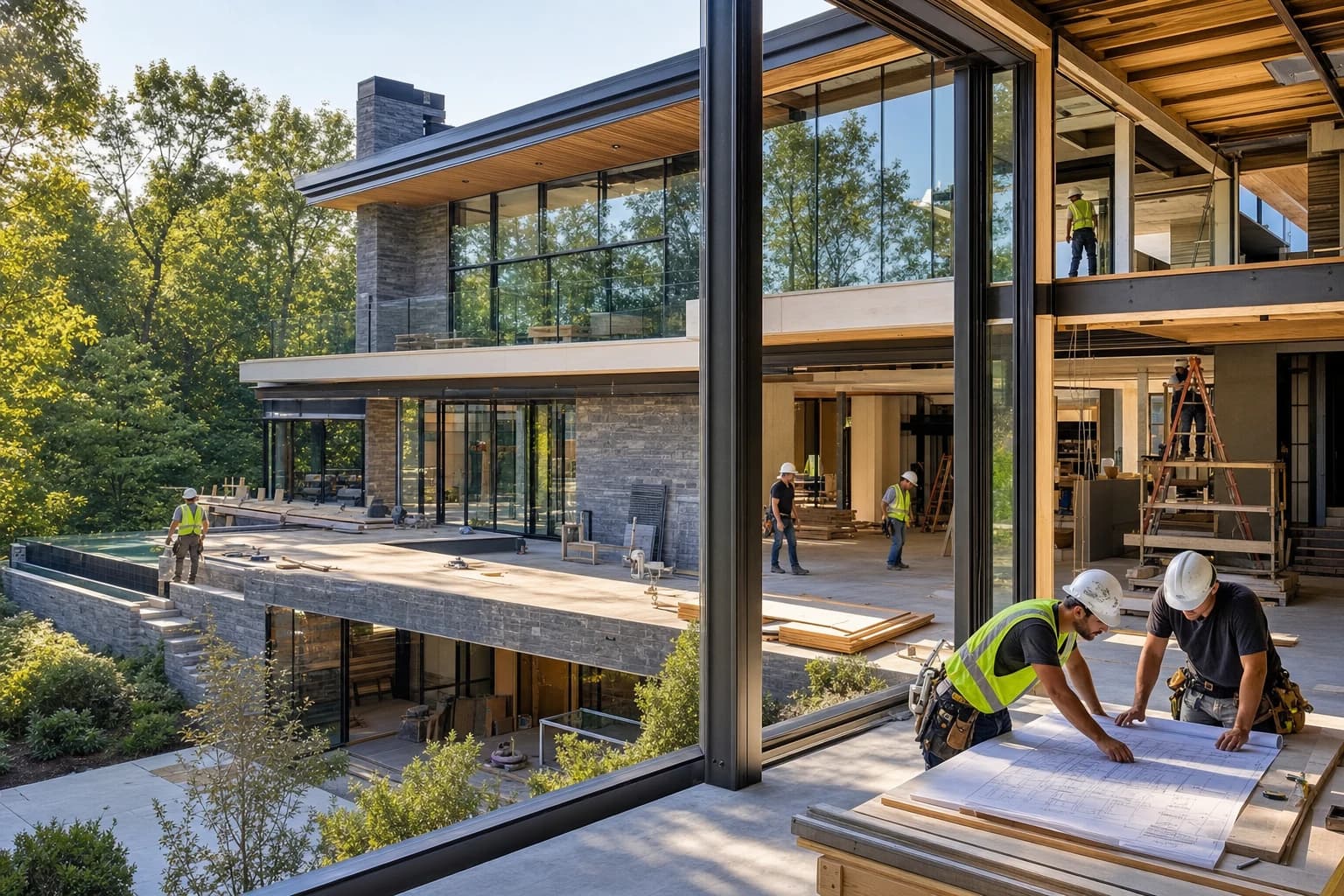 Professional construction crew executing a Custom Homes on a complex luxury site in Oakton, Virginia