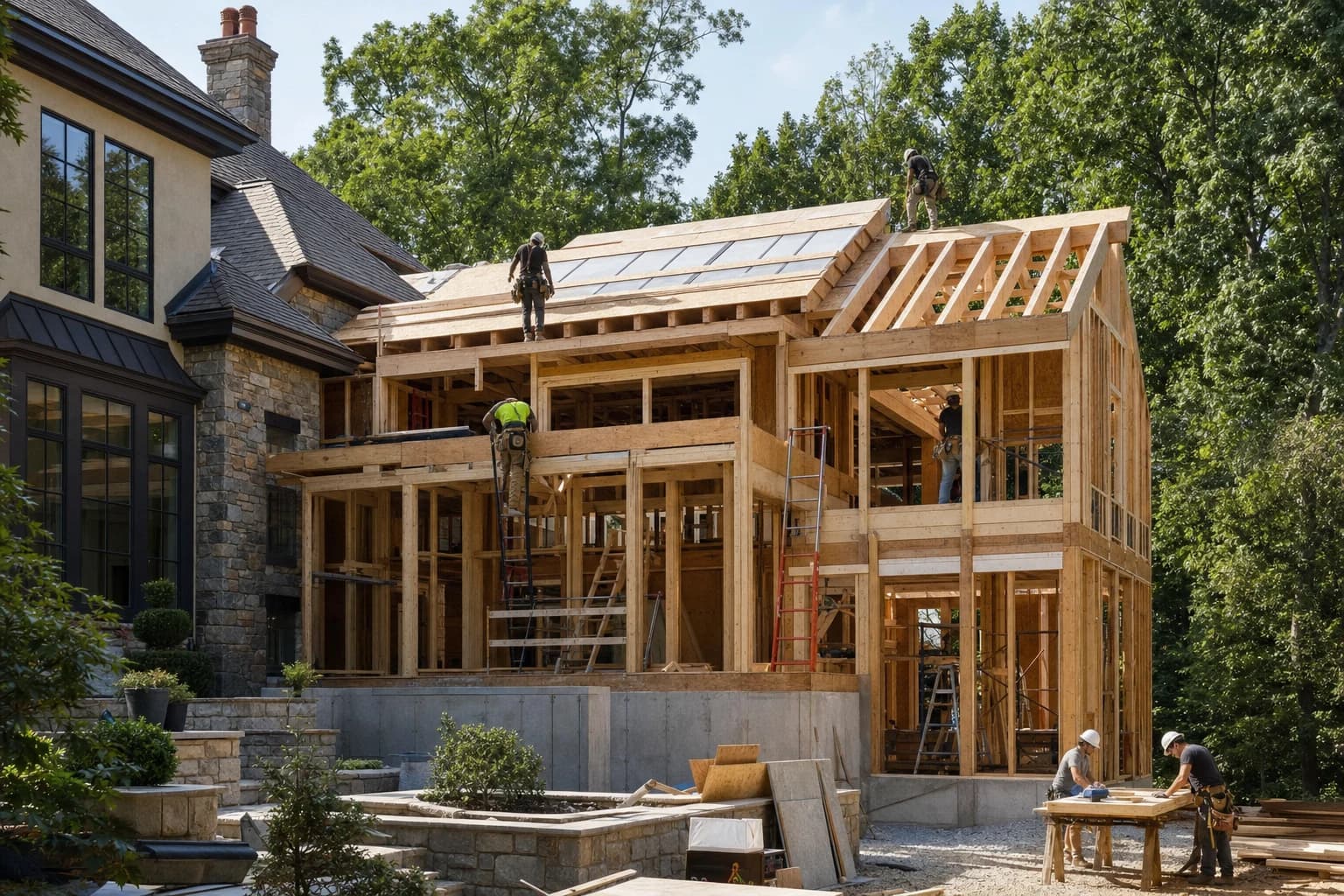 Professional construction crew executing a Home Additions on a complex luxury site in Oakton, Virginia