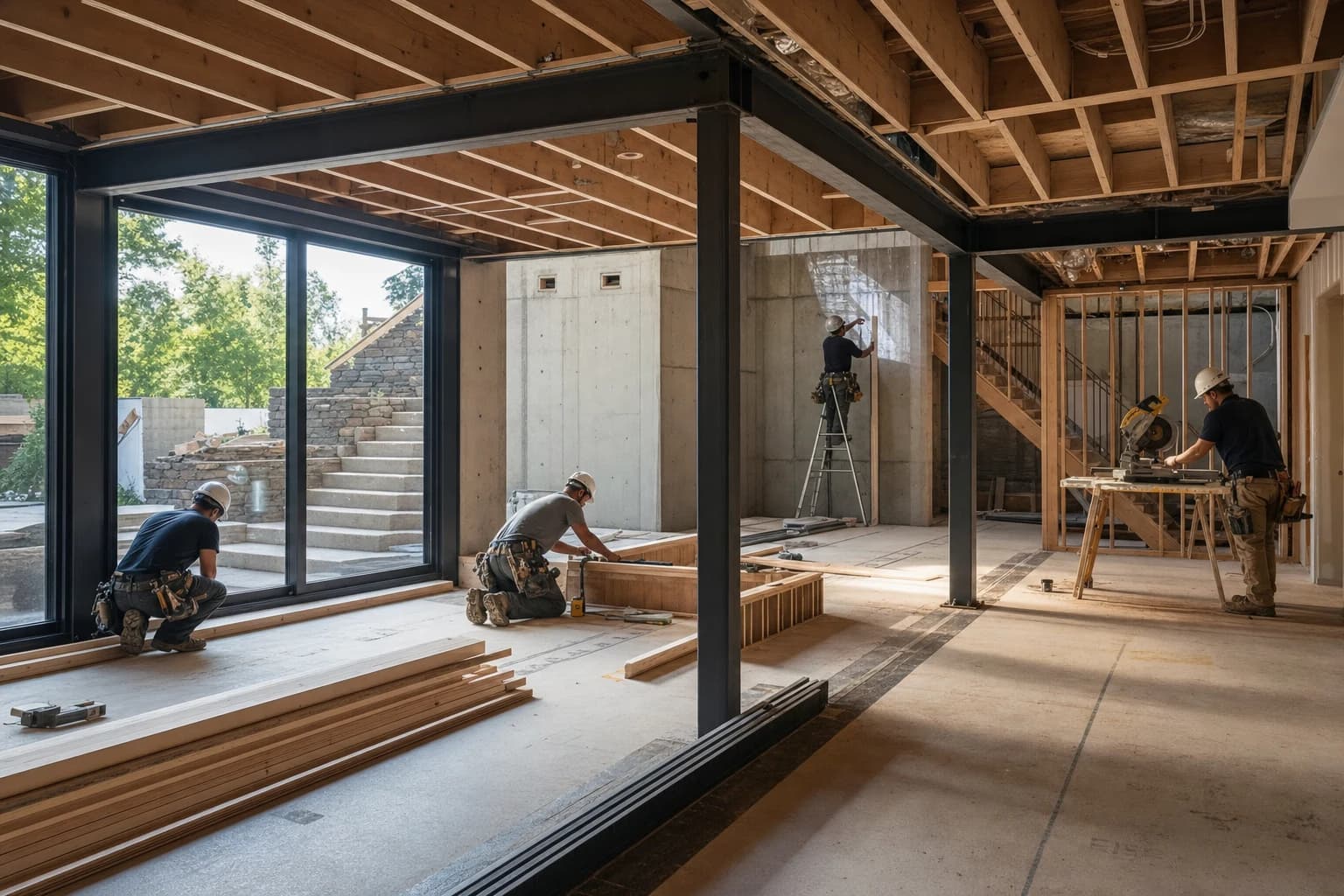 Professional construction crew executing a Basement Renovations on a complex luxury site in Purcellville, Virginia