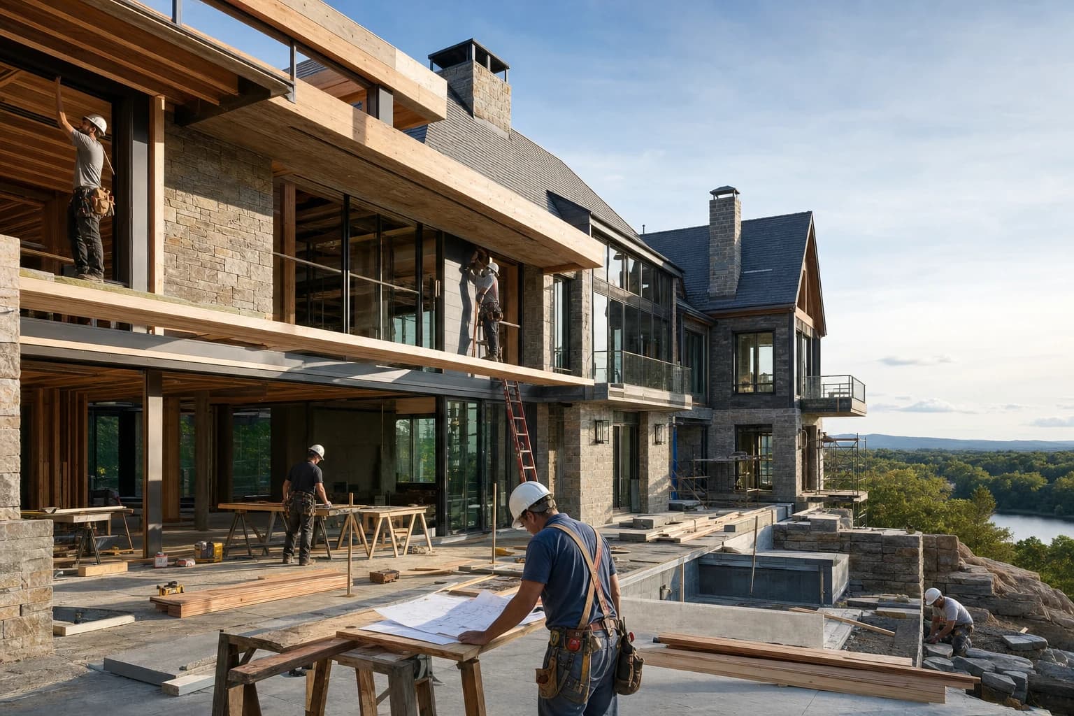 Professional construction crew executing a Custom Homes on a complex luxury site in Purcellville, Virginia