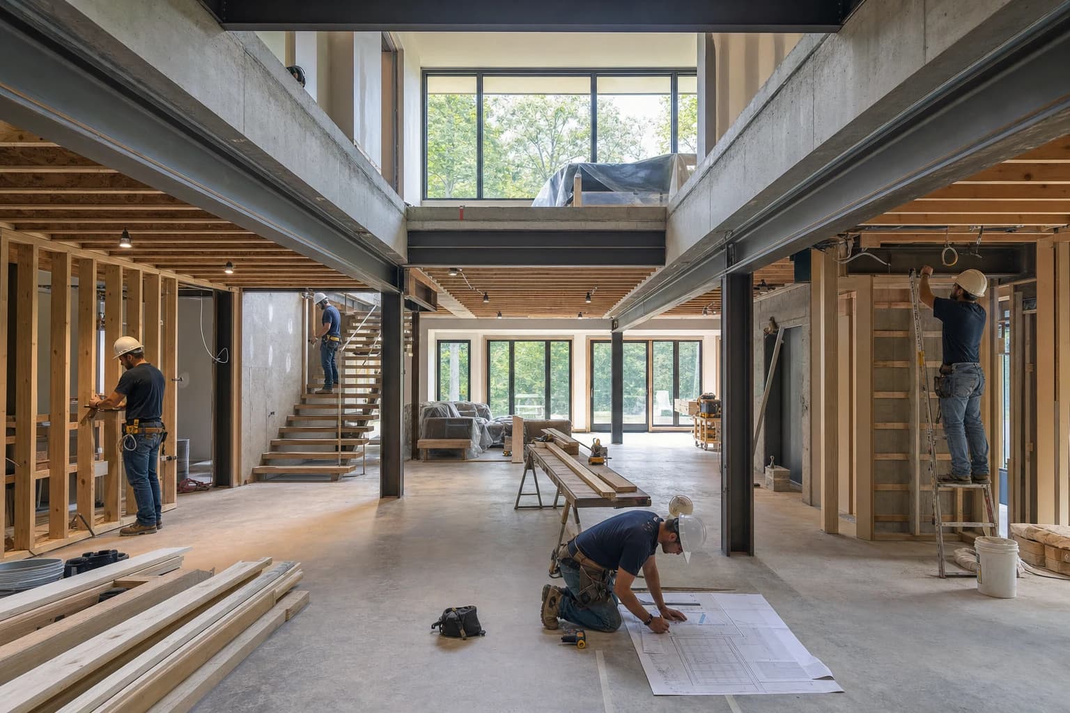 Professional construction crew executing a Basement Renovations on a complex luxury site in Reston, Virginia