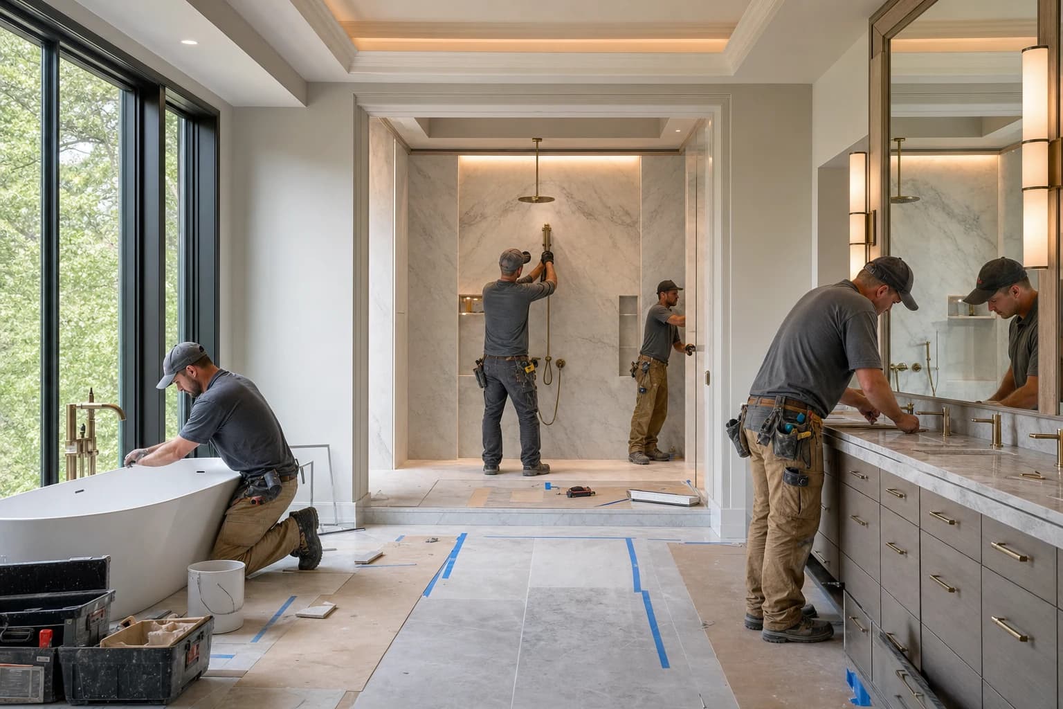 Professional construction crew executing a Bathroom Remodeling on a complex luxury site in Reston, Virginia