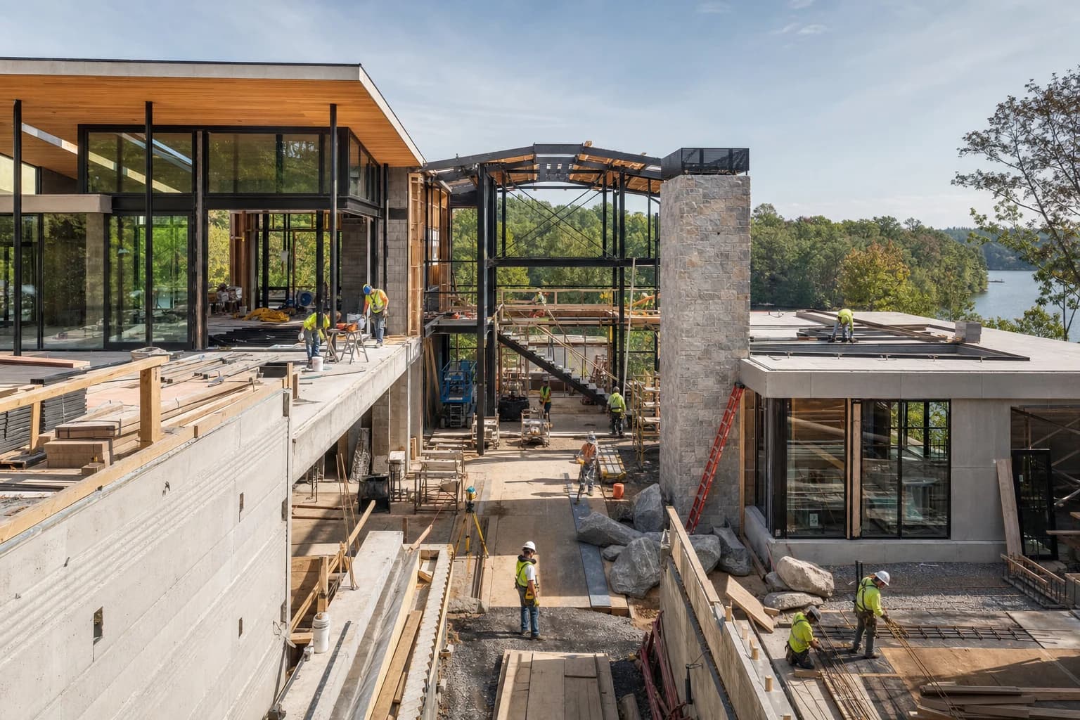 Professional construction crew executing a Custom Homes on a complex luxury site in Reston, Virginia