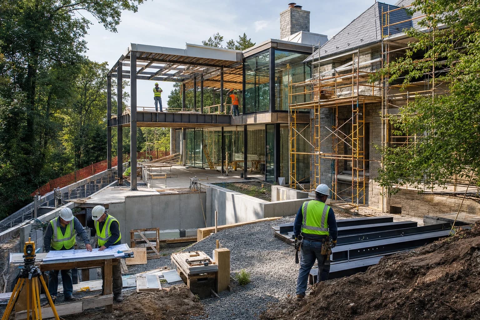 Professional construction crew executing a Home Additions on a complex luxury site in Reston, Virginia