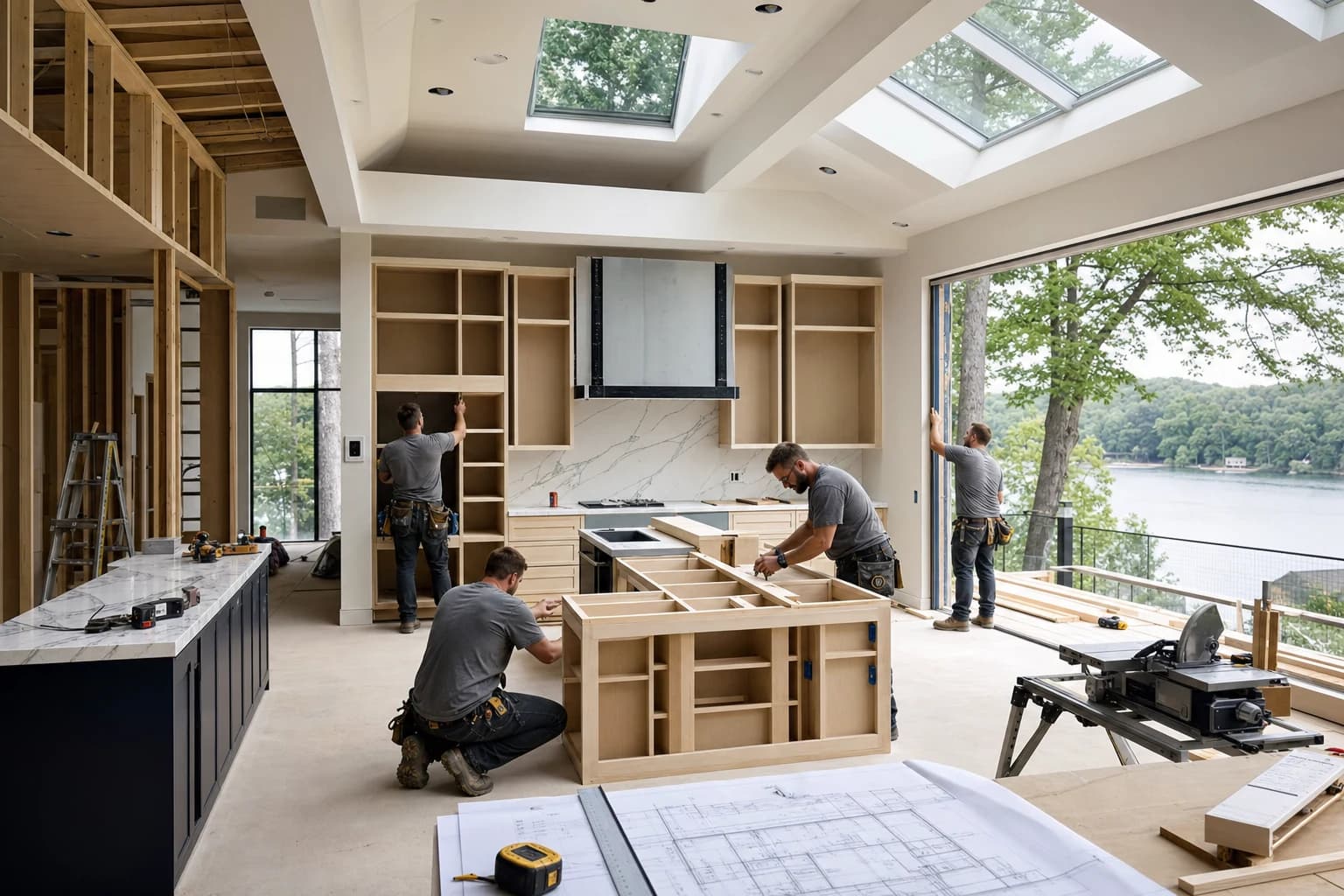 Professional construction crew executing a Kitchen Remodeling on a complex luxury site in Reston, Virginia