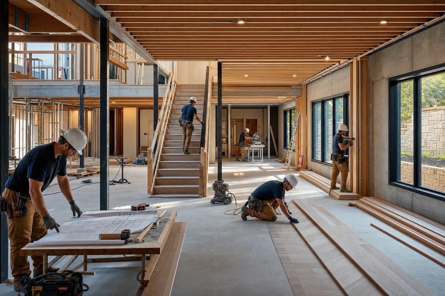 Professional construction crew executing a Basement Renovations on a complex luxury site in Stafford, Virginia