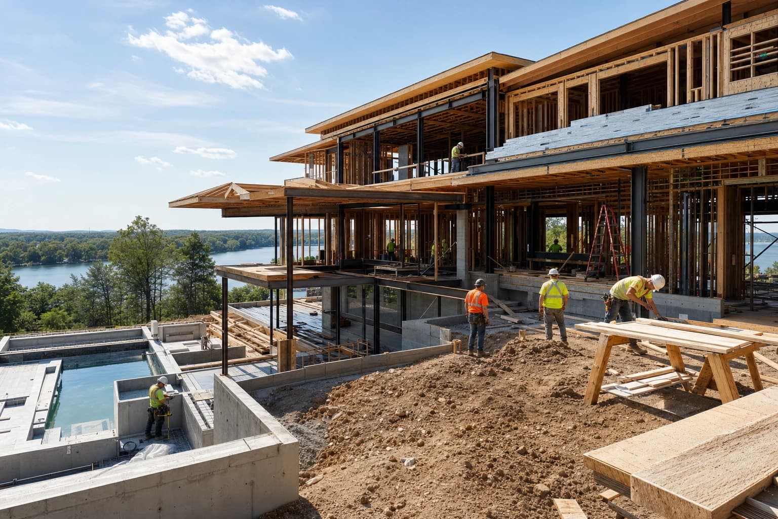 Professional construction crew executing a Custom Homes on a complex luxury site in Stafford, Virginia