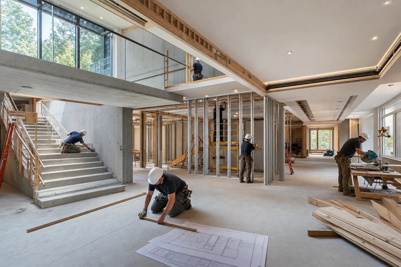 Professional construction crew executing a Basement Renovations on a complex luxury site in The Plains, Virginia