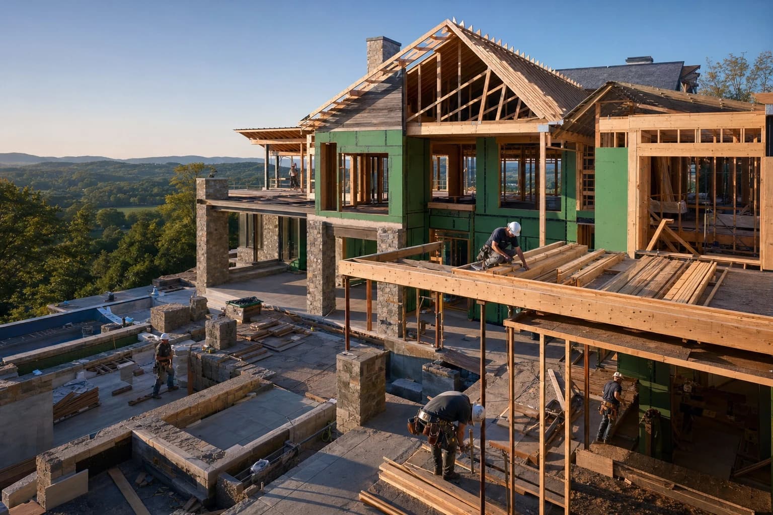 Professional construction crew executing a Custom Homes on a complex luxury site in The Plains, Virginia