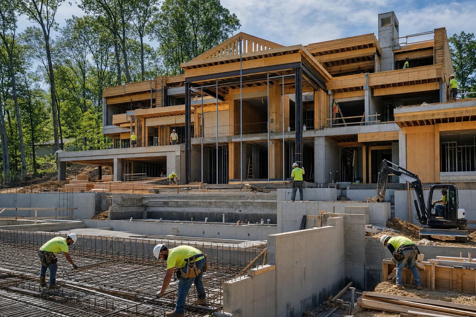 Professional construction crew executing a Custom Homes on a complex luxury site in Vienna, Virginia