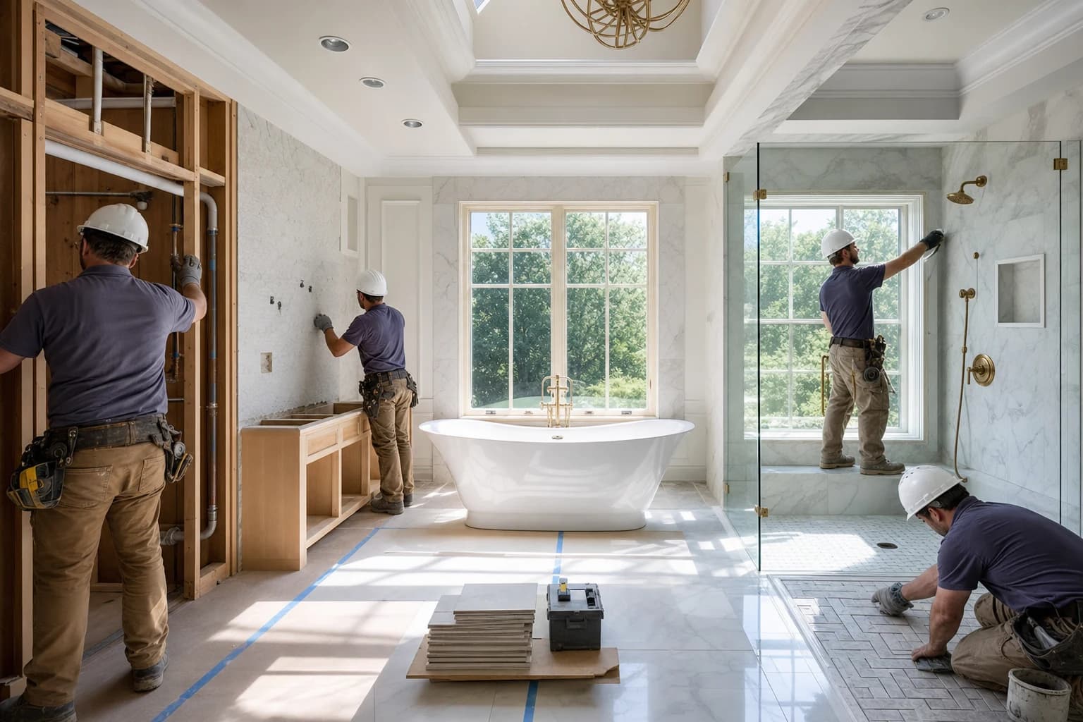 Professional construction crew executing a Bathroom Remodeling on a complex luxury site in Winchester, Virginia