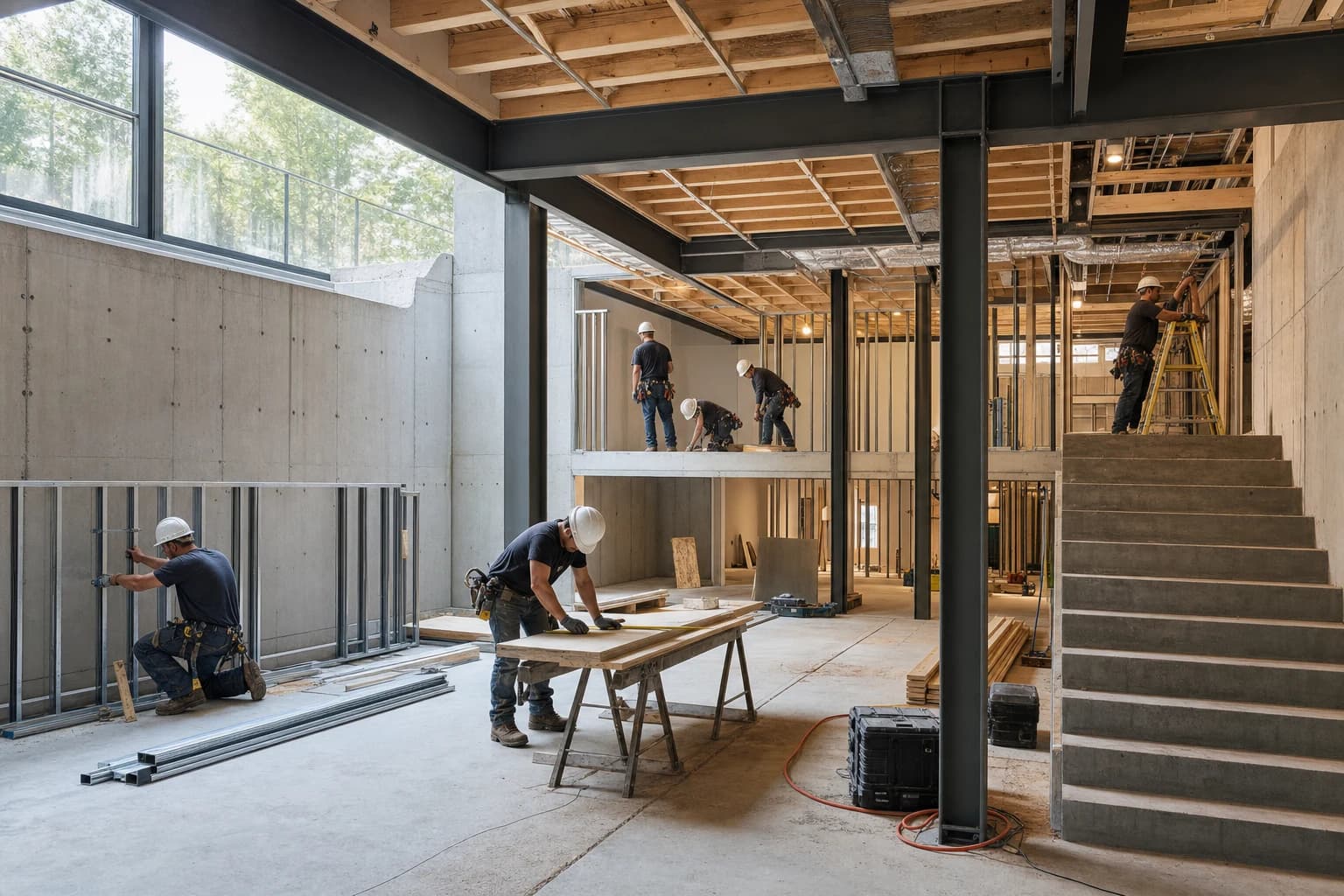 Professional construction crew executing a Basement Renovations on a complex luxury site in Woodbridge, Virginia