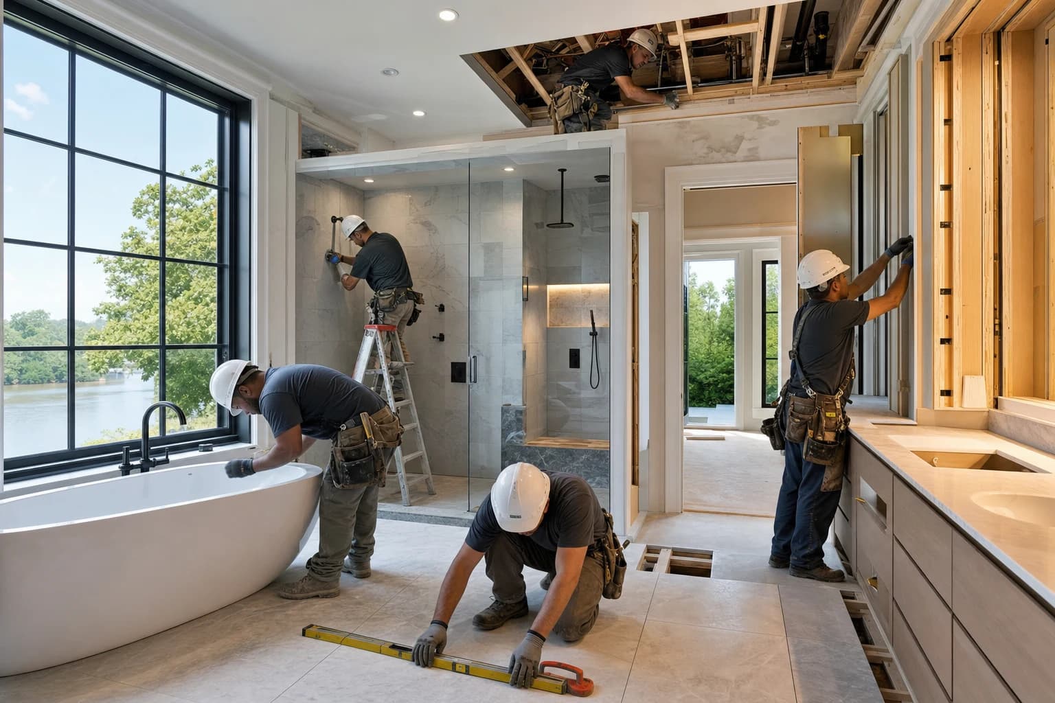 Professional construction crew executing a Bathroom Remodeling on a complex luxury site in Woodbridge, Virginia
