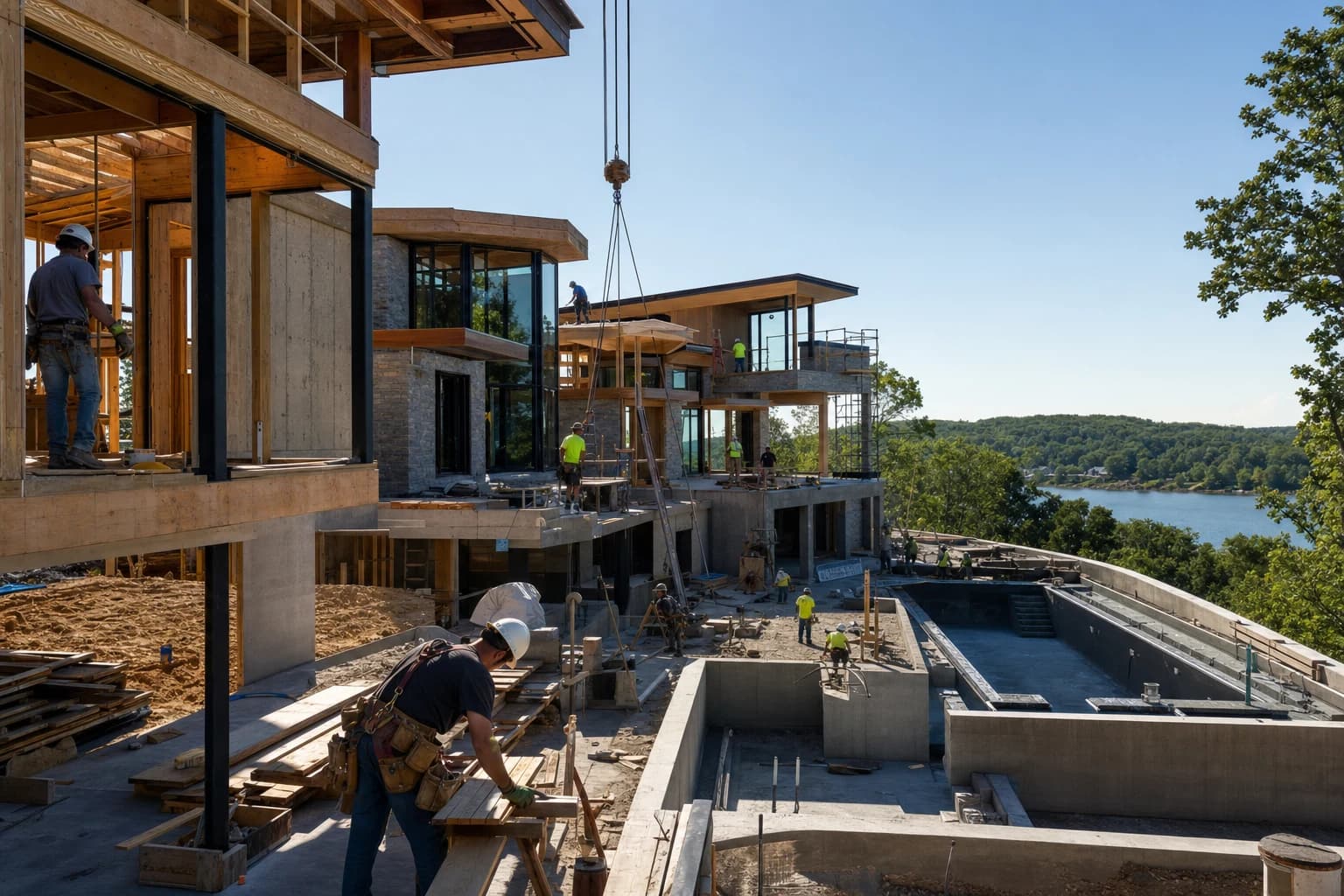 Professional construction crew executing a Custom Homes on a complex luxury site in Woodbridge, Virginia
