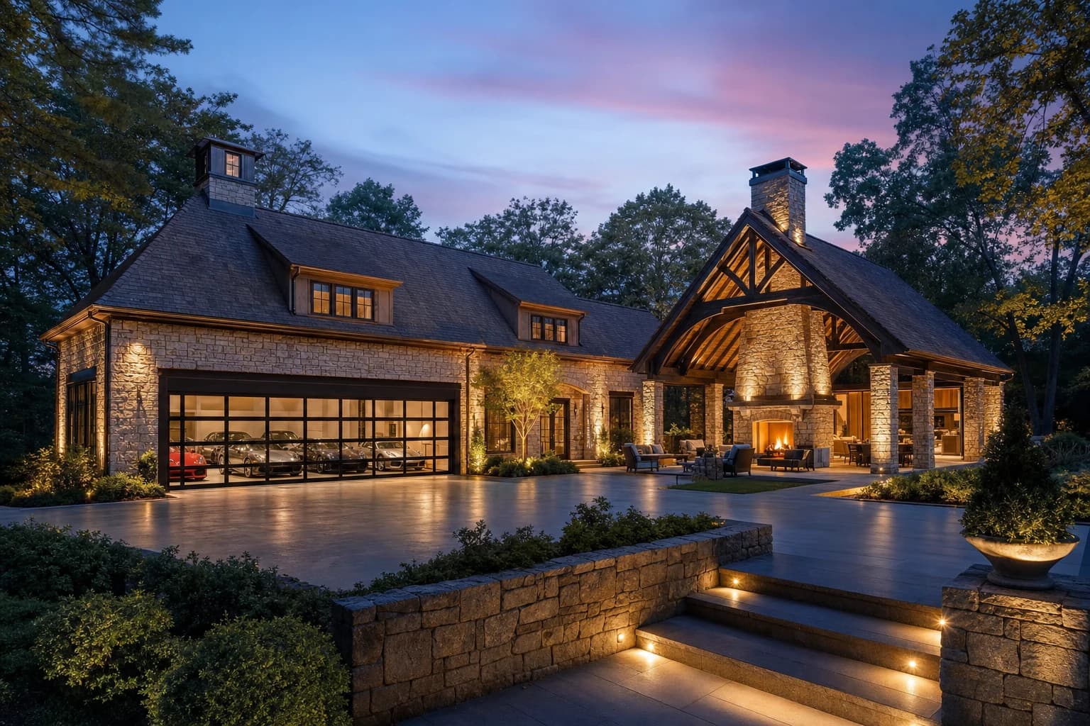 Massive detached luxury auto gallery and outdoor living pavilion with a soaring stone fireplace matching the primary estate's architecture