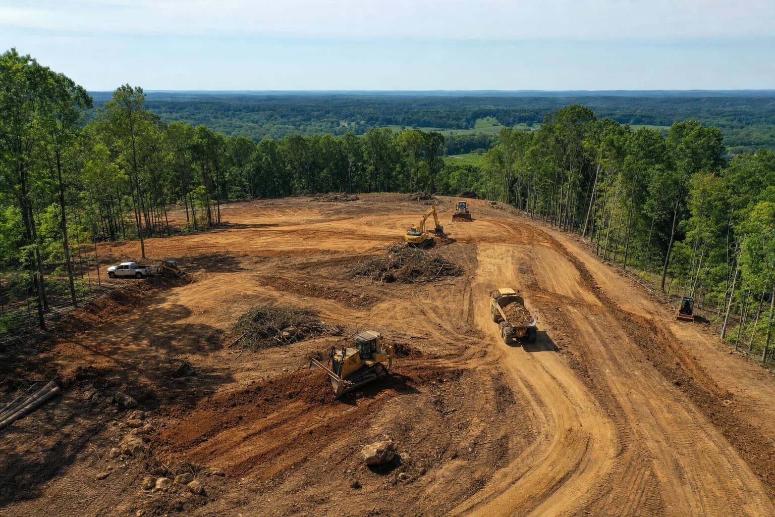 Heavy civil construction equipment executing topographical grading and tree clearing on a massive 5-acre wooded lot in Clifton, Virginia