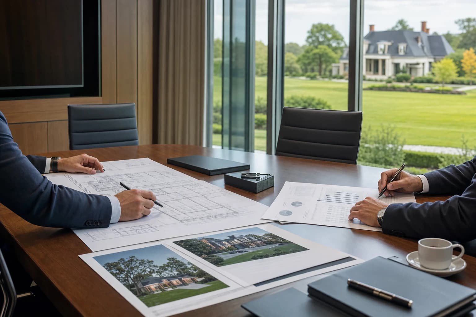 Class A project director and private wealth banking executive reviewing architectural blueprints and financial spreadsheets