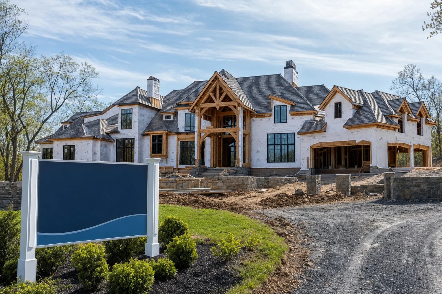 Massive luxury custom home under construction in Great Falls, Virginia with bank financing signage