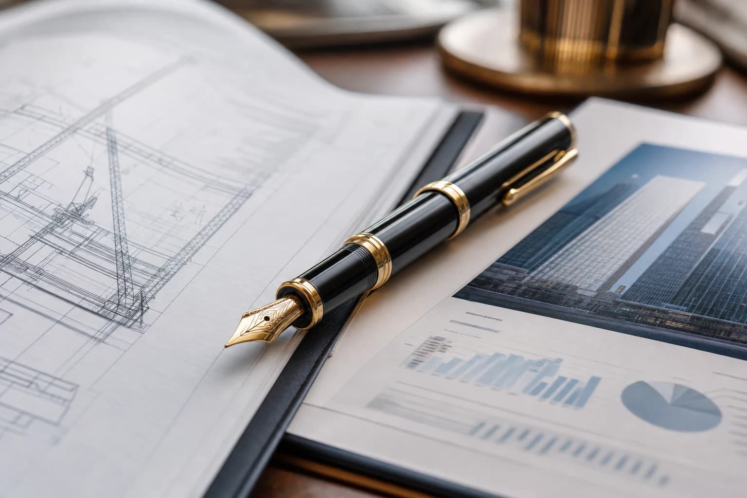 Luxury fountain pen resting on a detailed construction contract and financial prospectus