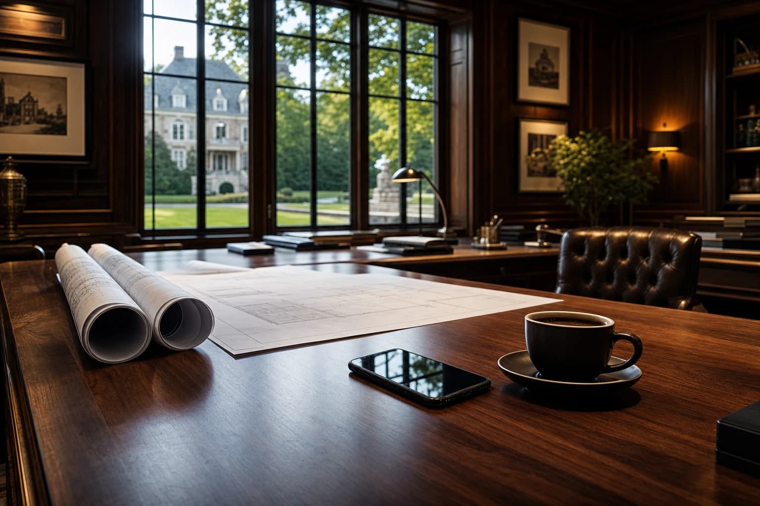 Executive architectural office with rolled blueprints and a walnut desk overlooking a Virginia estate