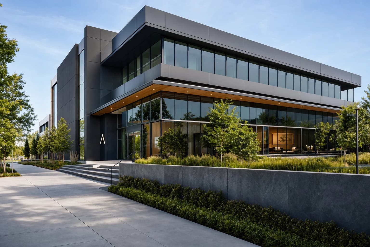 Clean modern exterior of the AZA Builders corporate architectural office