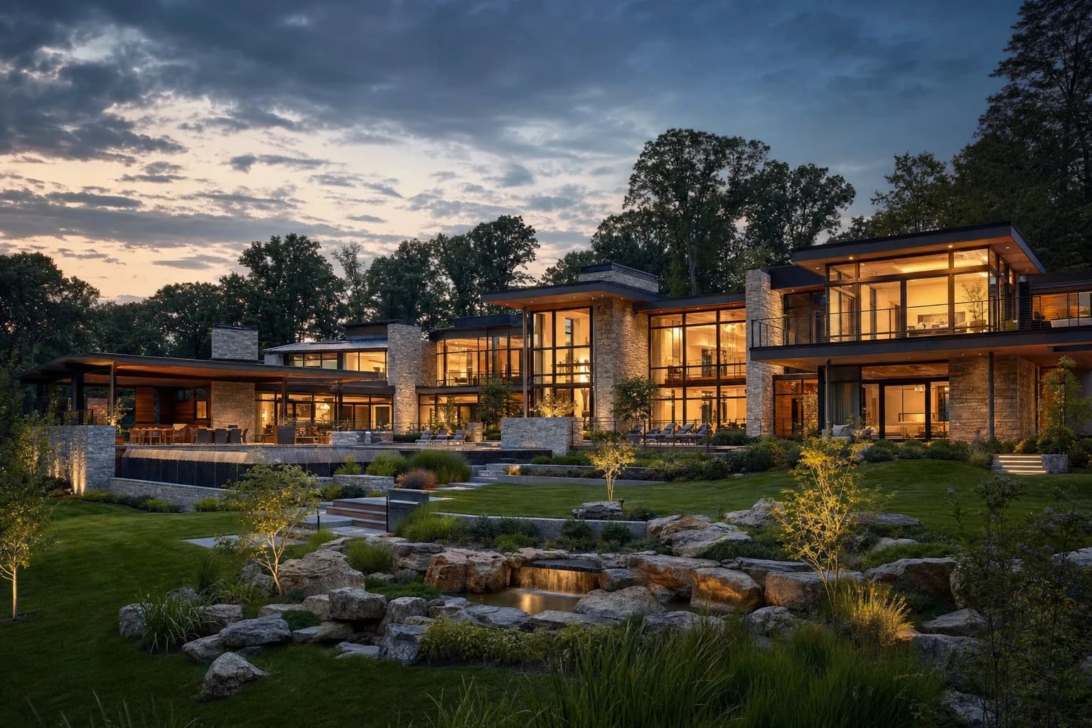 Luxury custom estate home in Great Falls, Virginia at twilight