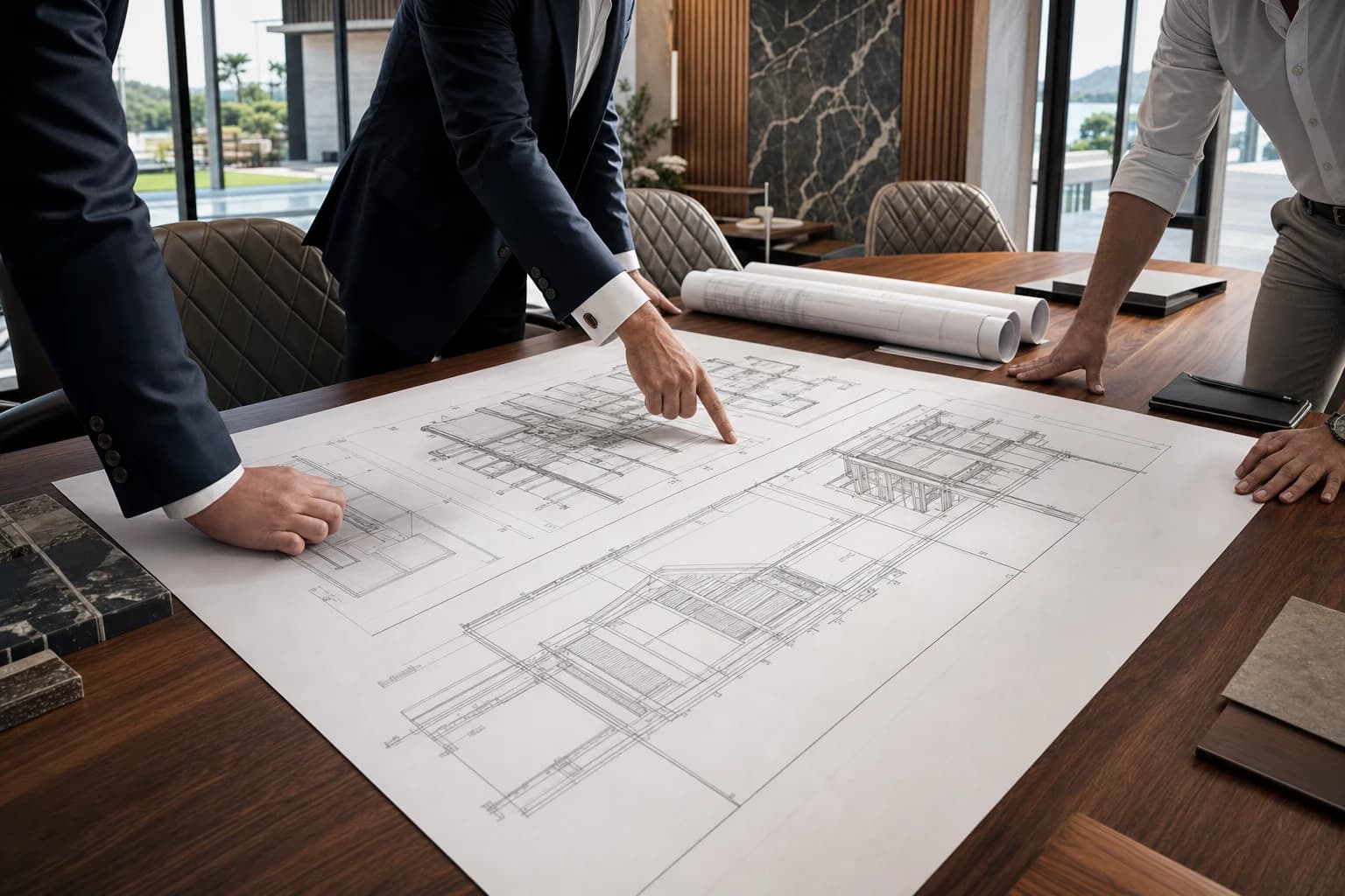 Class A project director reviewing custom estate blueprints in a luxury boardroom