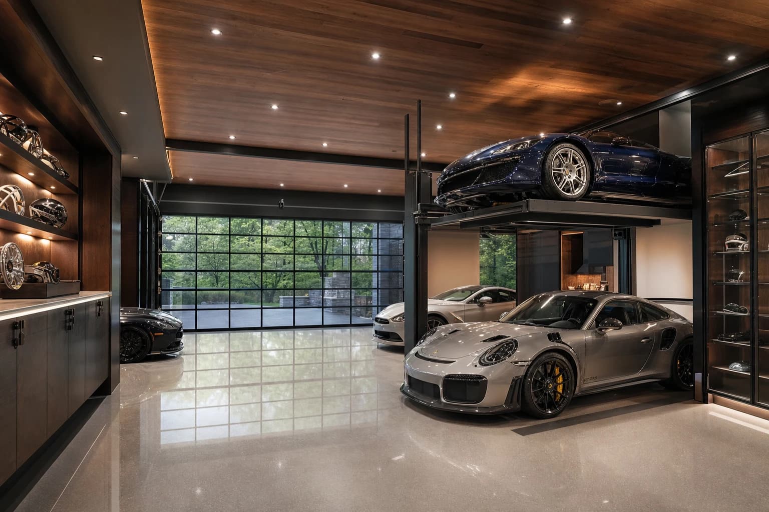 Ultra-luxury garage conversion transformed into an auto gallery with hydraulic car lift in McLean, Virginia