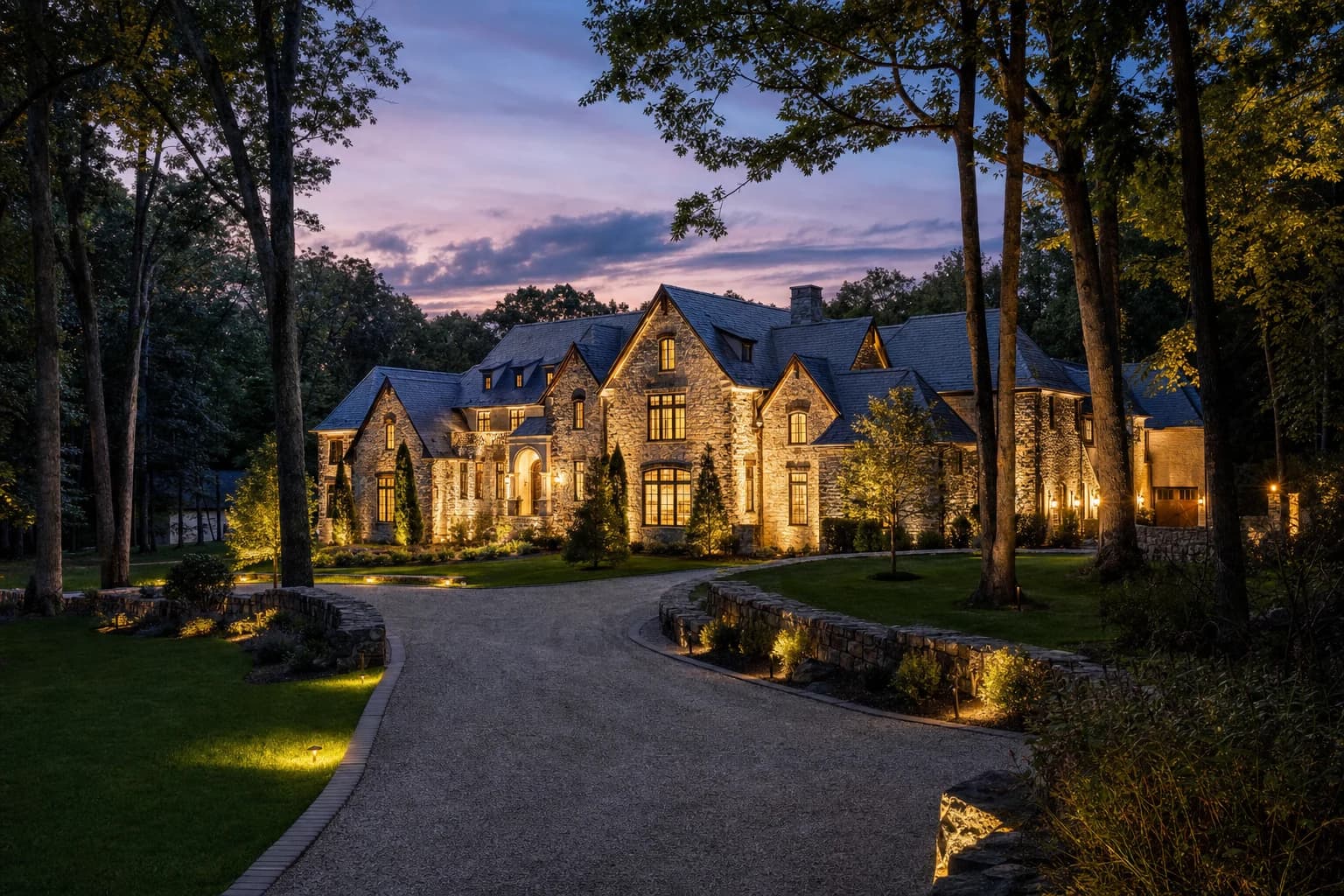A breathtaking twilight shot of a sprawling, ultra-luxury custom stone estate sitting on heavily wooded acreage in Great Falls, Virginia
