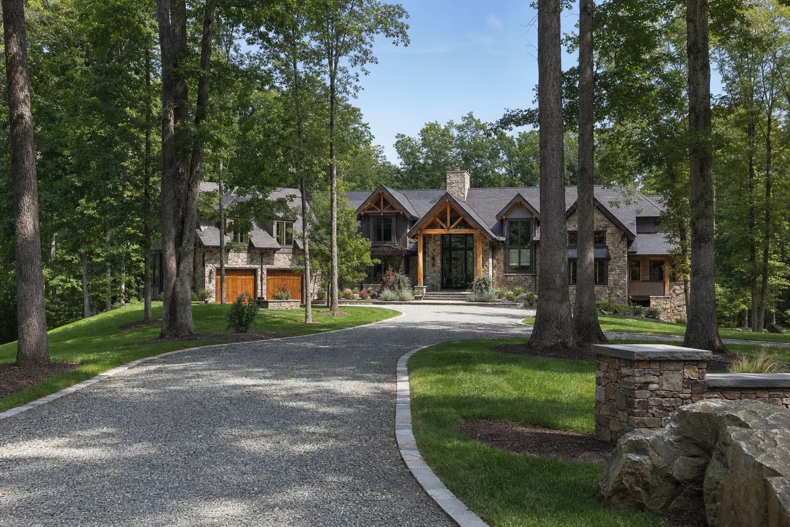 Sprawling luxury heavy timber and stone custom estate sitting on wooded acreage in Great Falls, Virginia