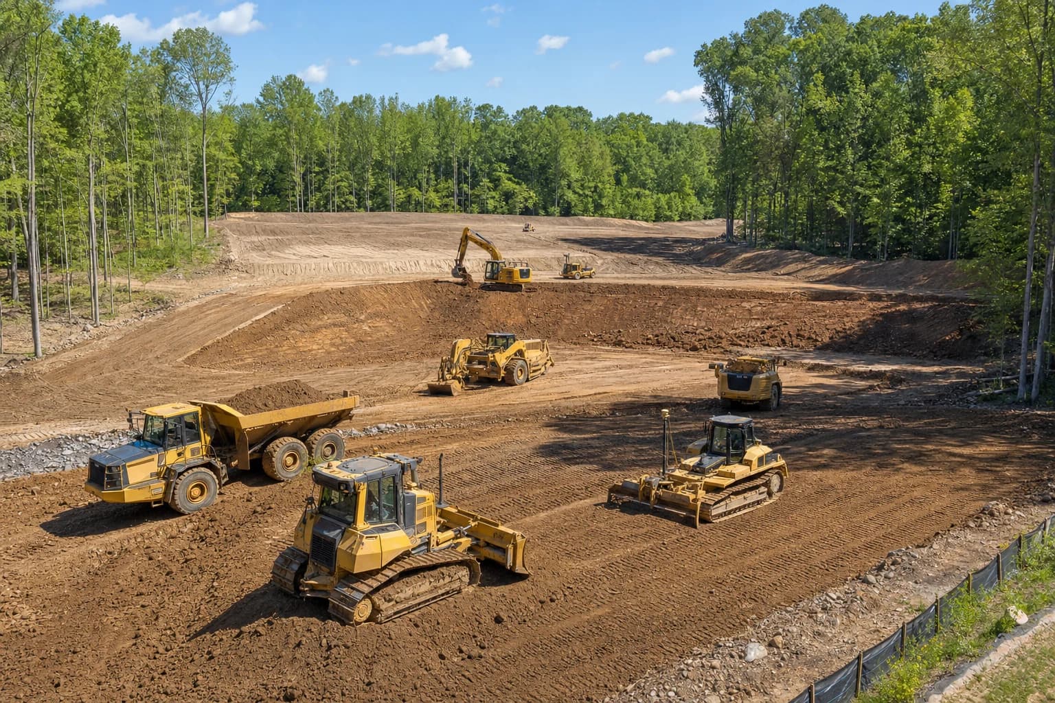 Heavy civil construction equipment executing topographical grading on a large wooded lot in Great Falls, Virginia