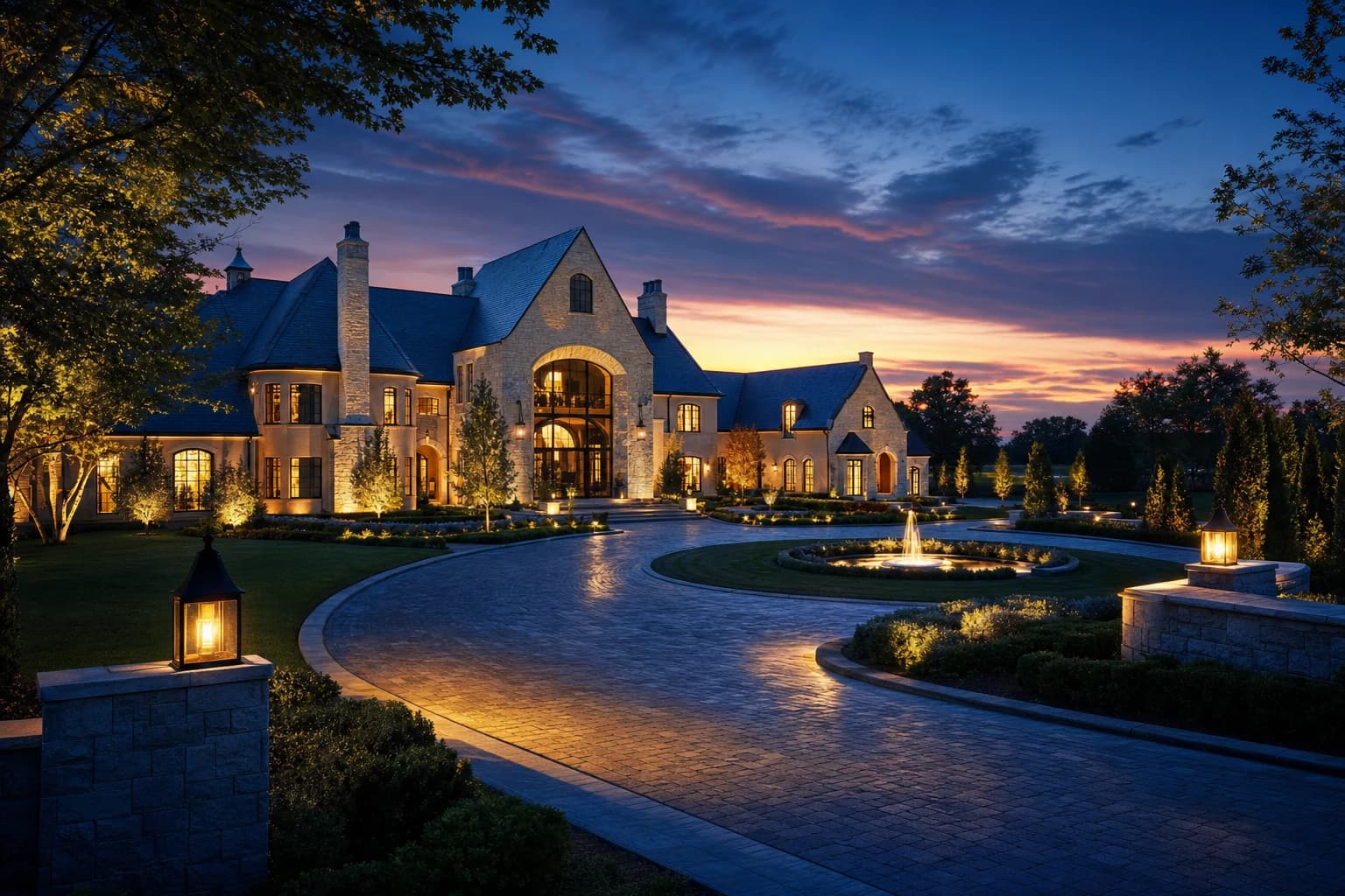 A breathtaking twilight shot of a sprawling, ultra-luxury modern European estate in Loudoun County, Virginia, sitting on manicured acreage with a grand circular driveway