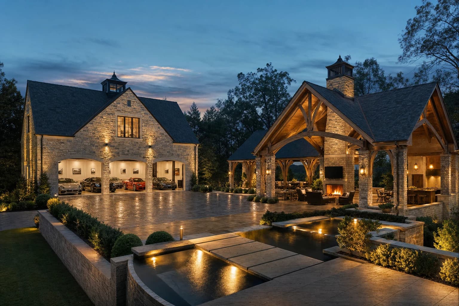 Massive detached luxury auto gallery and outdoor living pavilion with a soaring stone fireplace matching the primary estate's architecture