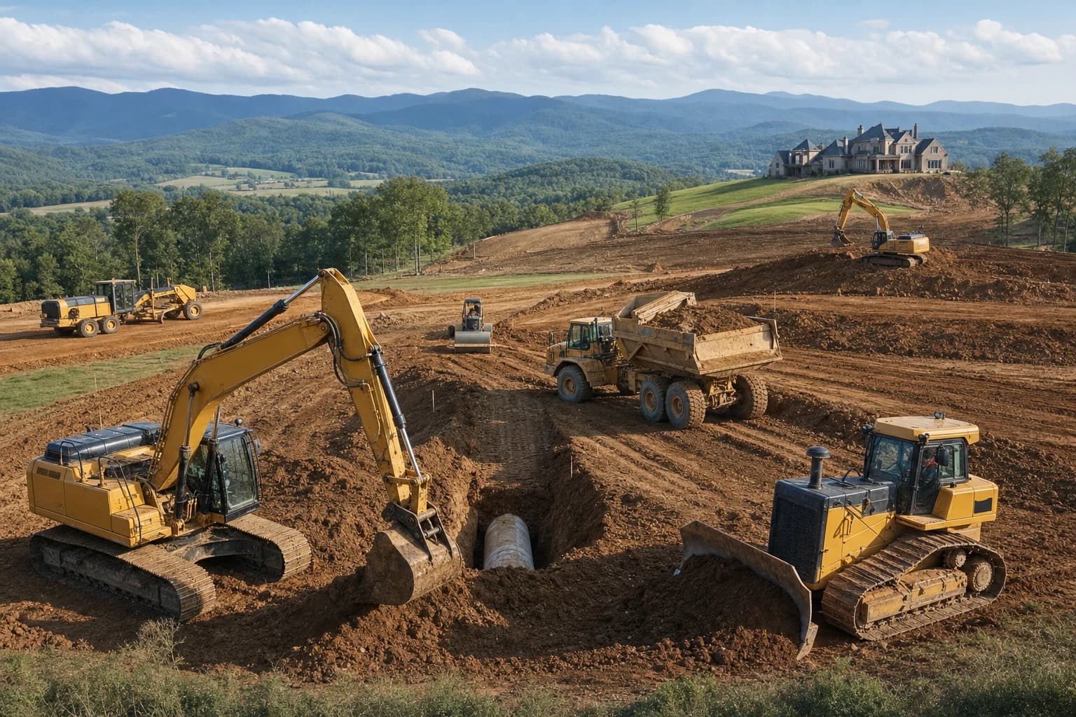 Heavy civil construction equipment executing topographical grading and trenching on a massive 10-acre rolling hill estate in Western Loudoun, Virginia
