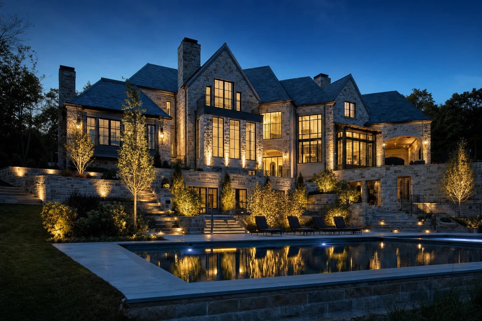 A breathtaking twilight view of a massive ultra-luxury modern transitional estate in McLean, Virginia with a heavy natural stone facade and tiered retaining walls