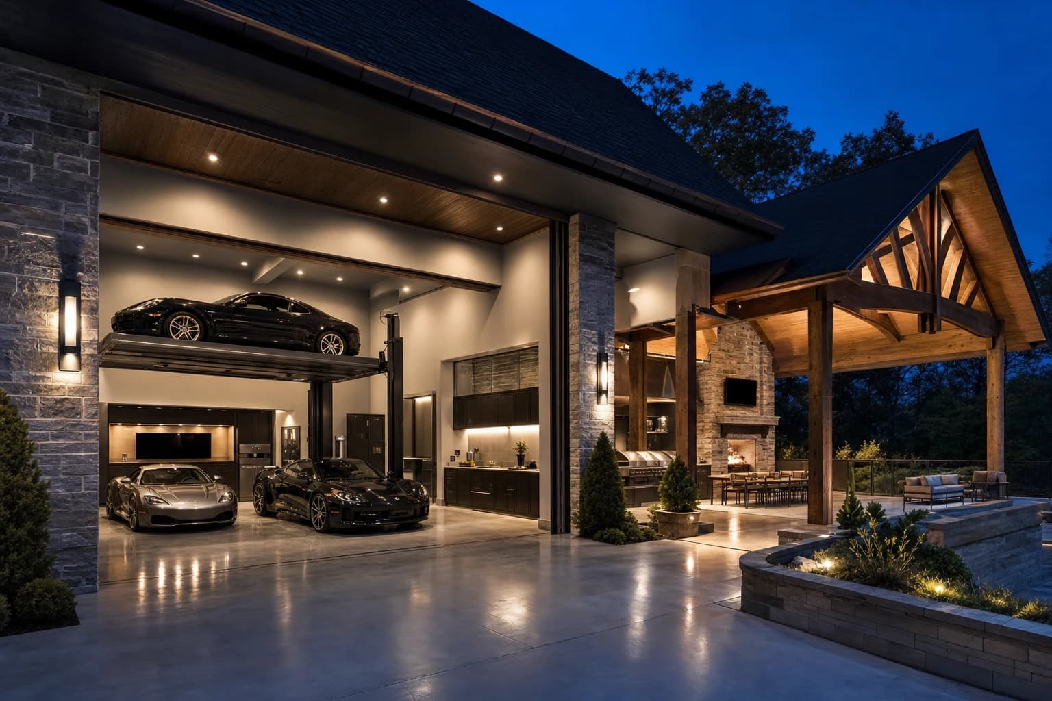 Luxury garage conversion into an auto gallery with heavy timber outdoor pavilion in McLean, Virginia