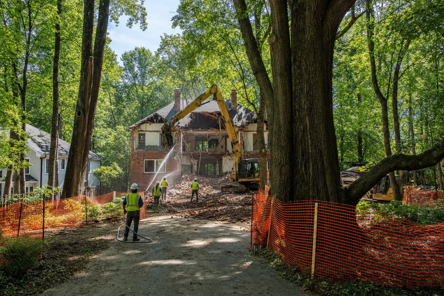 Surgical demolition and teardown construction site preserving mature oak trees in a wooded McLean, Virginia neighborhood