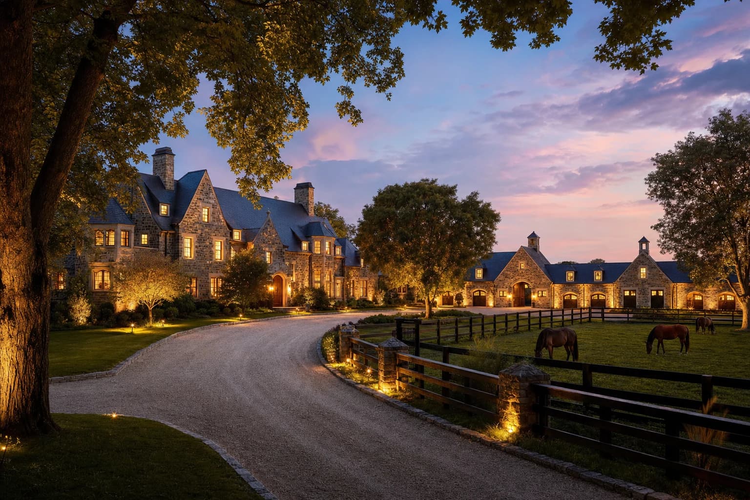 A breathtaking twilight shot of a sprawling, ultra-luxury historic stone estate and equestrian compound in Middleburg, Virginia, with horses grazing in wooden-fenced pastures