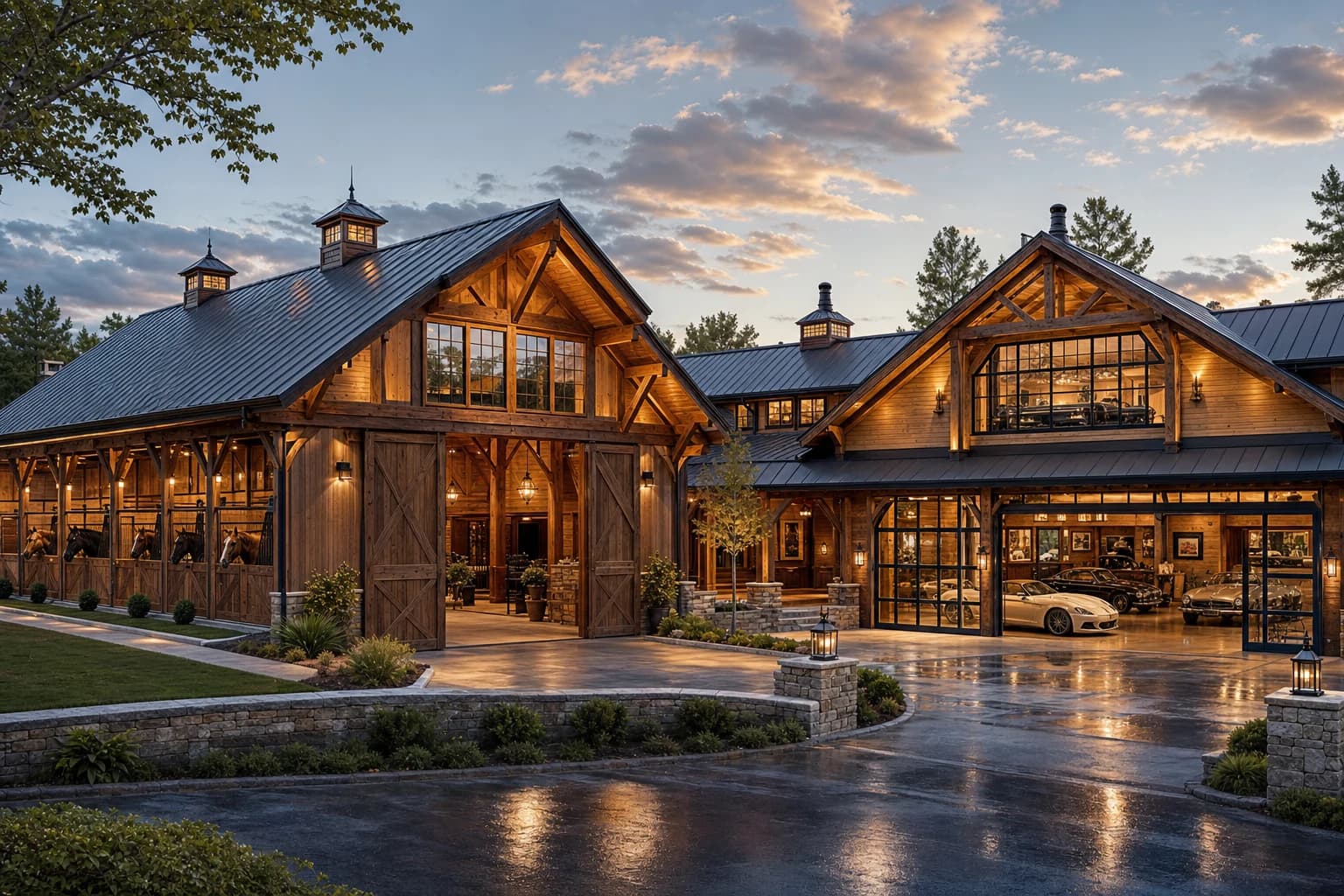 Massive luxury timber-framed equestrian barn and attached high-end auto gallery with a standing seam metal roof