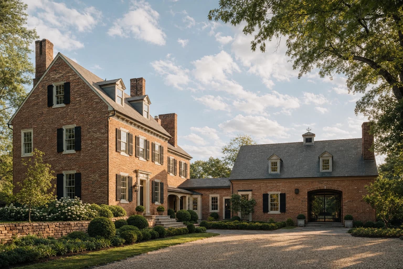 Seamless massive architectural addition on a 200-year-old historic brick home in Virginia Hunt Country with perfectly matched masonry and aged brick