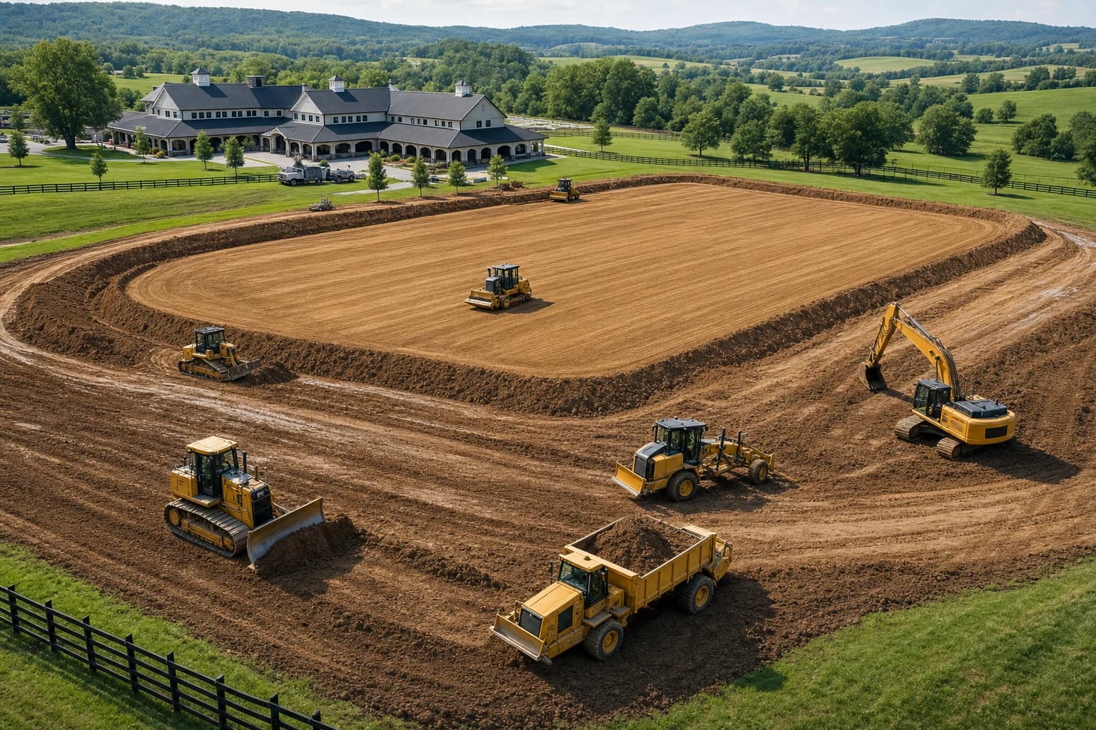 Heavy civil construction equipment executing topographical grading for a massive equestrian riding arena and luxury barn in Middleburg, Virginia
