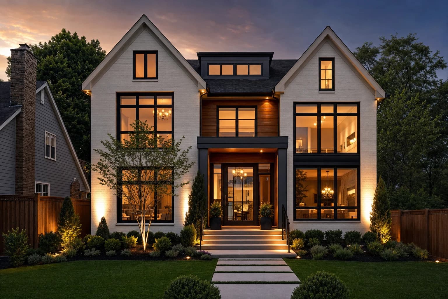 A breathtaking twilight shot of a stunning modern luxury transitional home built on a tight, perfectly manicured infill lot in North Arlington, Virginia