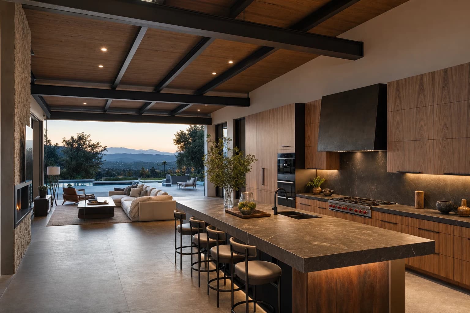 Stunning modern luxury kitchen and open living space with massive 30-foot steel spans without columns and high-end millwork